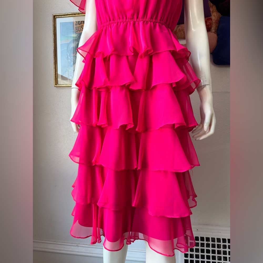 1970s PINK CHIFFON RUFFLES DRESS Vintage Ruffled Fluttery Sleeves Romantic 1980s - Picture 3 of 8